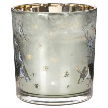 Artikel Windlicht aus Glas mit Vogel- und Schneeflockenmotiv in Gold 8 cm, 2er-Set