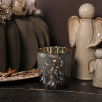 Artikel Windlicht aus Glas mit Vogel- und Schneeflockenmotiv in Gold 8 cm, 2er-Set