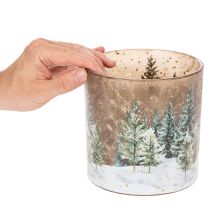 Artikel Teelichthalter Glas mit Tannenwald-Motiv 15cm