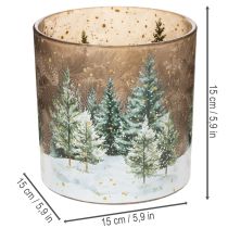 Artikel Teelichthalter Glas mit Tannenwald-Motiv 15cm