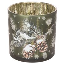 Artikel Windlicht Glas mit Tannenzapfen und Schneeflockenmotiv 15cm Grün-Gold