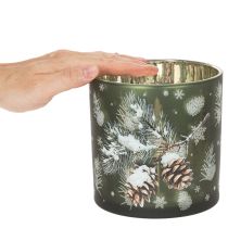 Artikel Windlicht Glas mit Tannenzapfen und Schneeflockenmotiv 15cm Grün-Gold