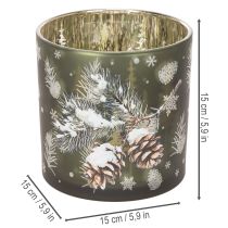 Artikel Windlicht Glas mit Tannenzapfen und Schneeflockenmotiv 15cm Grün-Gold
