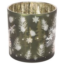 Artikel Windlicht Glas mit Tannenzapfen und Schneeflockenmotiv 15cm Grün-Gold