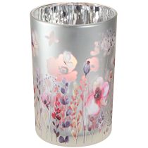 Artikel Windlicht aus Glas Mohn Schmetterling Silber Farbe H18cm
