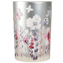 Artikel Windlicht aus Glas Silberfarben mit Mohn- und Schmetterlingsdesign H18cm