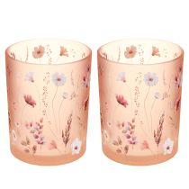 Artikel Deko Windlichter Glas 12,5 cm Blumenmotiv Rosa Weiss 2er Set