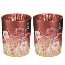 Artikel Deko Windlicht Glas Blütendesign 12,5 cm Rot Bunt 2 Stück