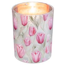 Artikel Windlicht Glas Tulpenmotiv 12,5 cm Rosa Weiss Frühling Dekoration Innen 2 Stück