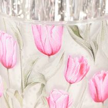 Artikel Deko Windlichter aus Glas mit rosa Tulpenmotiv, 8 cm, 4er-Set, für Frühlingsdekoration