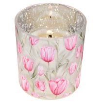 Artikel Deko Windlichter aus Glas mit rosa Tulpenmotiv, 8 cm, 4er-Set, für Frühlingsdekoration