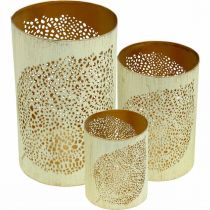 Artikel Herbst Windlicht Metall 3er-Set H 20,5/15,5/10,5 cm creme-gold mit Blättermotiv