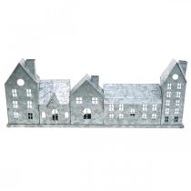 Artikel Häuserzeile, Metalldeko zum Beleuchten, Adventsdeko, Windlicht Silbern L52cm H20cm