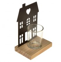 Artikel Windlichter Häuschen aus Metall und Holzsockel, Schwarz, H 15 cm, 2 Stück