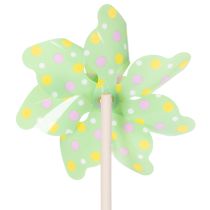 Artikel Garten-Windräder aus Kunststoff auf Holzstab, 47 cm, gepunktet in Gelb, Grün und Pink, 3-teilig
