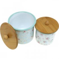 Artikel Emaille Dosen Set mit Holzdeckel, Blumenmuster, Ø 11,5/14 cm, H 12/15 cm, 2 Stück