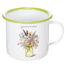 Artikel Deko Pflanztopf Tasse aus Metall, emailliert, Ø11,5cm, H10cm, weiss mit Blumenmotiv und Schriftzug