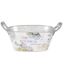 Artikel Blumenschale oval aus Metall mit Griffen und Hortensien-Print 32×15×15cm Weiss-Blau