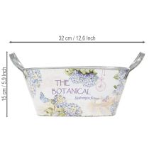 Artikel Blumenschale oval aus Metall mit Griffen und Hortensien-Print 32×15×15cm Weiss-Blau