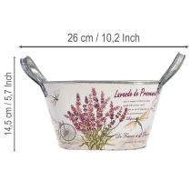 Artikel Blumenschale oval Metall mit Griffen Lavendel-Motiv 26×13×14,5cm