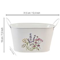 Artikel Blumenschale aus Metall mit Griffen 27×16×15,5cm, Weiss mit Wildblumen-Prägung
