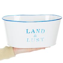 Artikel Blumenschale oval Metall 26x17x12cm Weiss-Blau mit Schriftzug für Innen- und Aussenbereiche