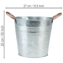 Artikel Metall-Blumentopf Eimer mit Griffen, Ø19cm H17cm, verzinkt, silberfarben mit kupferfarbenen Griffen