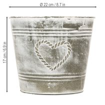 Artikel Blumentopf Metall Shabby Chic Herzmotiv Ø22cm H17.5cm Grau-Weiss