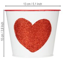 Artikel Metall-Blumentopf Weiss mit Herzmotiv Rot Ø13cm H10,5cm für Pflanzen