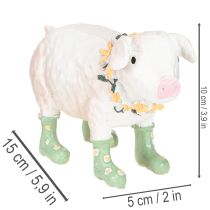 Artikel Dekofigur Schwein aus Polyresin mit Blumenkranz und Gummistiefeln 15,5 cm