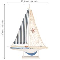 Artikel Deko Segelboot Holz Muscheln Weiß Blau L26,5cm H37cm