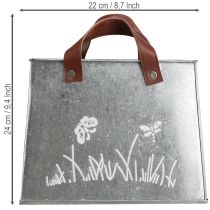 Artikel Deko Tasche Metall Pflanztopf 22cm Silber Weiss Braun mit Schmetterling und Gräser Motiv