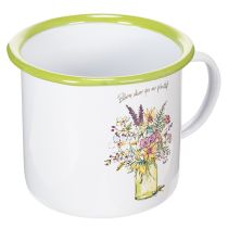 Artikel Deko Pflanztopf Tasse aus Metall, emailliert, Ø11,5cm, H10cm, weiss mit Blumenmotiv und Schriftzug