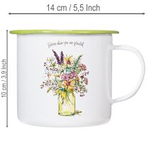 Artikel Deko Pflanztopf Tasse aus Metall, emailliert, Ø11,5cm, H10cm, weiss mit Blumenmotiv und Schriftzug