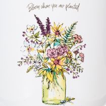 Artikel Deko Pflanztopf Tasse aus Metall, emailliert, Ø11,5cm, H10cm, weiss mit Blumenmotiv und Schriftzug