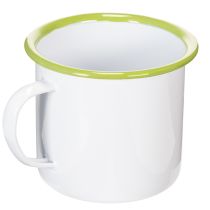 Artikel Deko Pflanztopf Tasse aus Metall, emailliert, Ø11,5cm, H10cm, weiss mit Blumenmotiv und Schriftzug