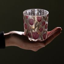 Artikel Deko Windlichter aus Glas mit rosa Tulpenmotiv, 8 cm, 4er-Set, für Frühlingsdekoration