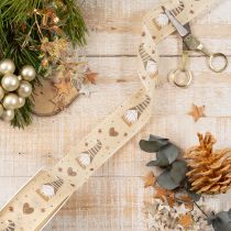 Artikel Dekoband Stoff beige mit Wichteln und Herzen 40mm x 15m für Weihnachtsdekoration