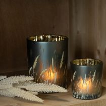 Artikel Set mit 2 Windlichtern aus Glas, 12,5 cm, Gräsermotiv, Blau-Gold, für Wohn-, Tisch- und Geschenkdekoration