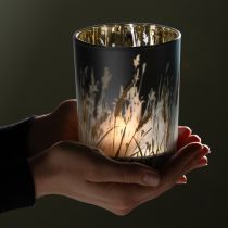 Artikel Set mit 2 Windlichtern aus Glas, 12,5 cm, Gräsermotiv, Blau-Gold, für Wohn-, Tisch- und Geschenkdekoration