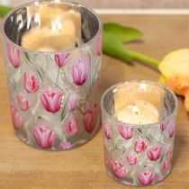 Artikel Windlicht Glas Tulpenmotiv 12,5 cm Rosa Weiss Frühling Dekoration Innen 2 Stück