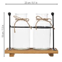 Artikel Flaschenvase Glas mit Holzsockel und Metallhalterung 23x12x19,5cm 2 Stück