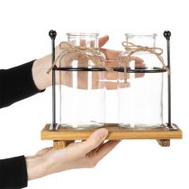 Artikel Flaschenvase Glas mit Holzsockel und Metallhalterung 23x12x19,5cm 2 Stück