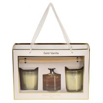 Artikel Geschenkset mit Raumduft-Diffuser und 2 Duftkerzen im Glas Vanille, 21,2 x 15 x 6 cm, Transparent/Gold