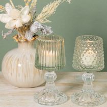 Artikel Glas-Teelichthalter mit Fuss, Punkten und Rillen, H15 cm, Transparent, 2er-Set