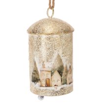 Artikel Weisse und goldene Metallglocke mit Winterdorf-Motiv 20 cm