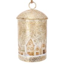 Artikel Weisse und goldene Metallglocke mit Winterdorf-Motiv 20 cm