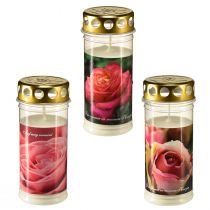 Artikel Grabkerzen mit Rosen Motiv Grabschmuck Ø7cm H18cm 3St
