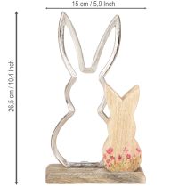 Artikel Hasenmutter-Dekoration aus Metall und Holz, 26,5 cm, Silber und Natur, mit Kind und Blumendetails