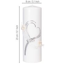 Artikel Hochzeitskerze Weiss mit Herzmotiv und Silberdetails, 230x80 mm
